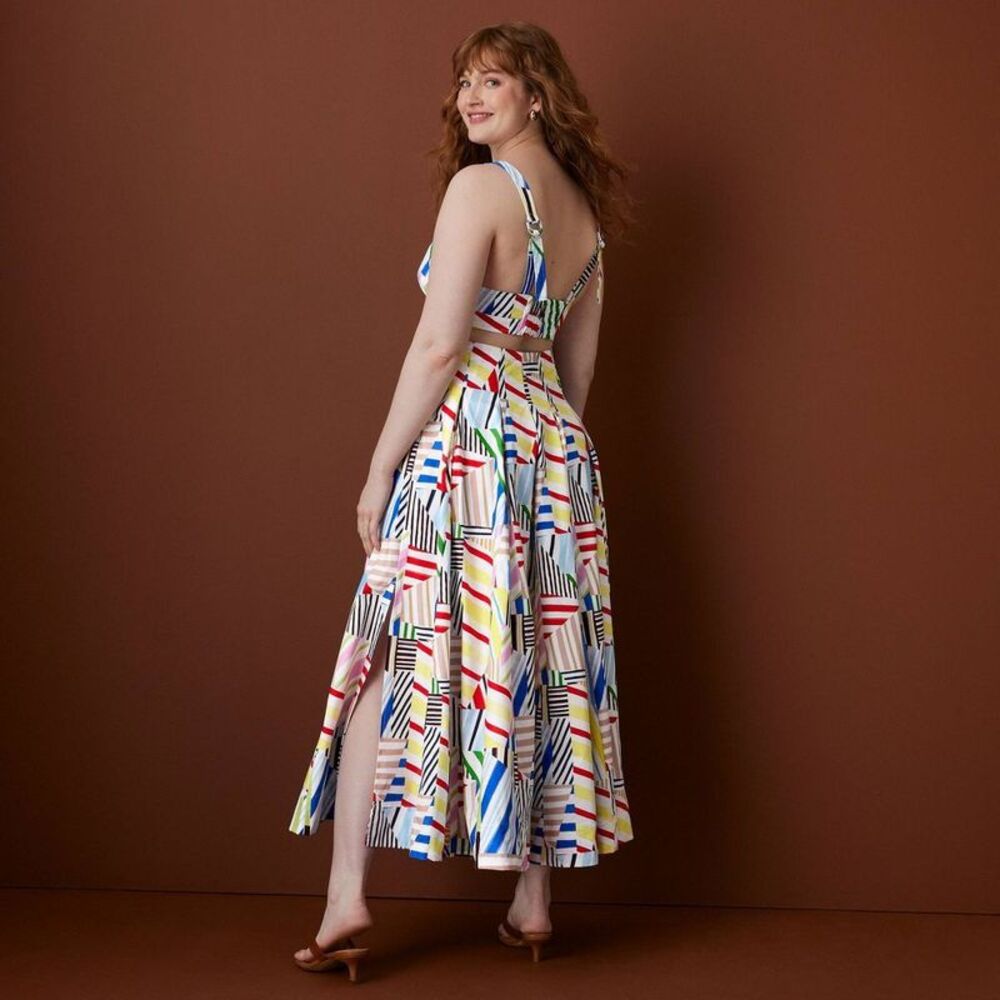 Women's Pleated Poplin Madras Midi Skirt - Multi 12 - Picture 3 of 4